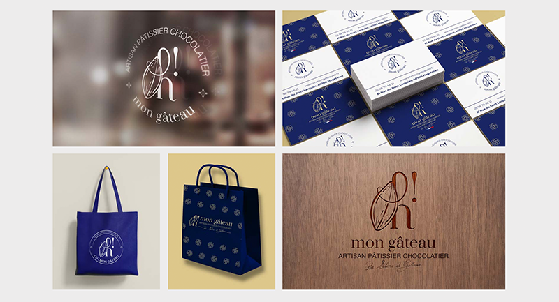 Mise en situation du logo et de l’identité visuelle pour la pâtisserie Oh ! Mon Gâteau.