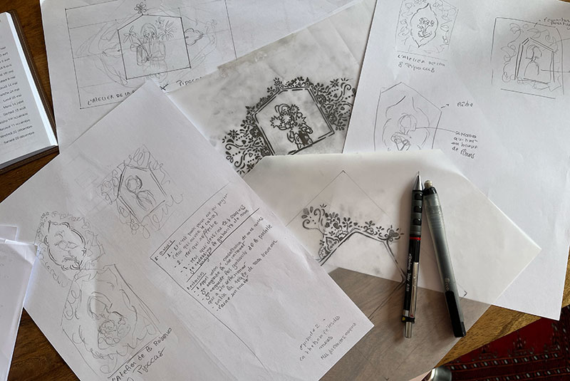 Croquis de Pipocas, pour la pochette illustrée pour L'Atelier de La Réserve