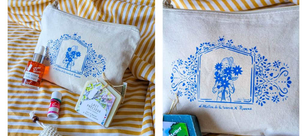 Pochette illustrée par Alice Pellet de Pipocas et cosmétiques de l'Atelier de la Réserve